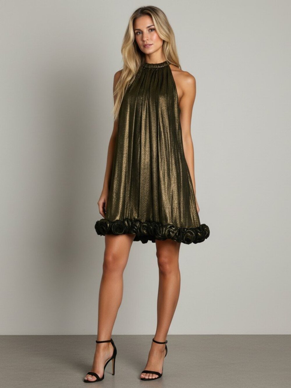 Alex Marie Gatsby Night Rose Dress Womens 10 Black Gold Metallic Halter